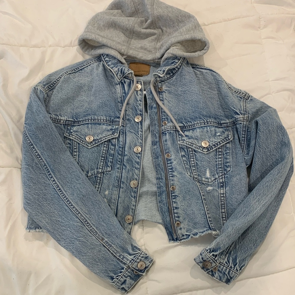 American Eagle Outfitters Distressed Crop Denim Jacket with Gray Hood